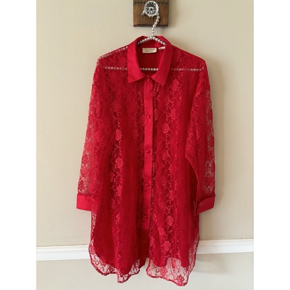 Vintage Victorias Secret Womens Size Small Red Lace Sleep Shirt Long Sleeve